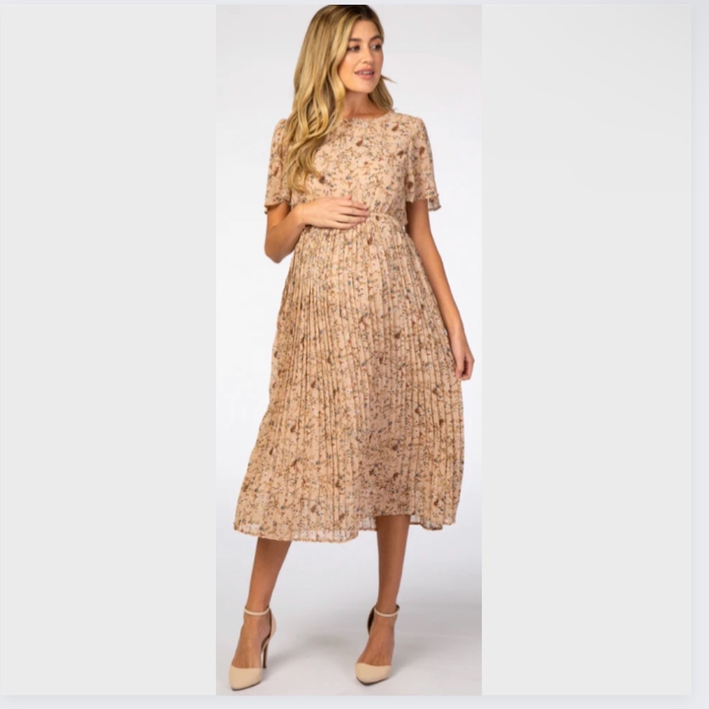Beige Floral Pleated Short Sleeve Chiffon
Maternity Midi Dress